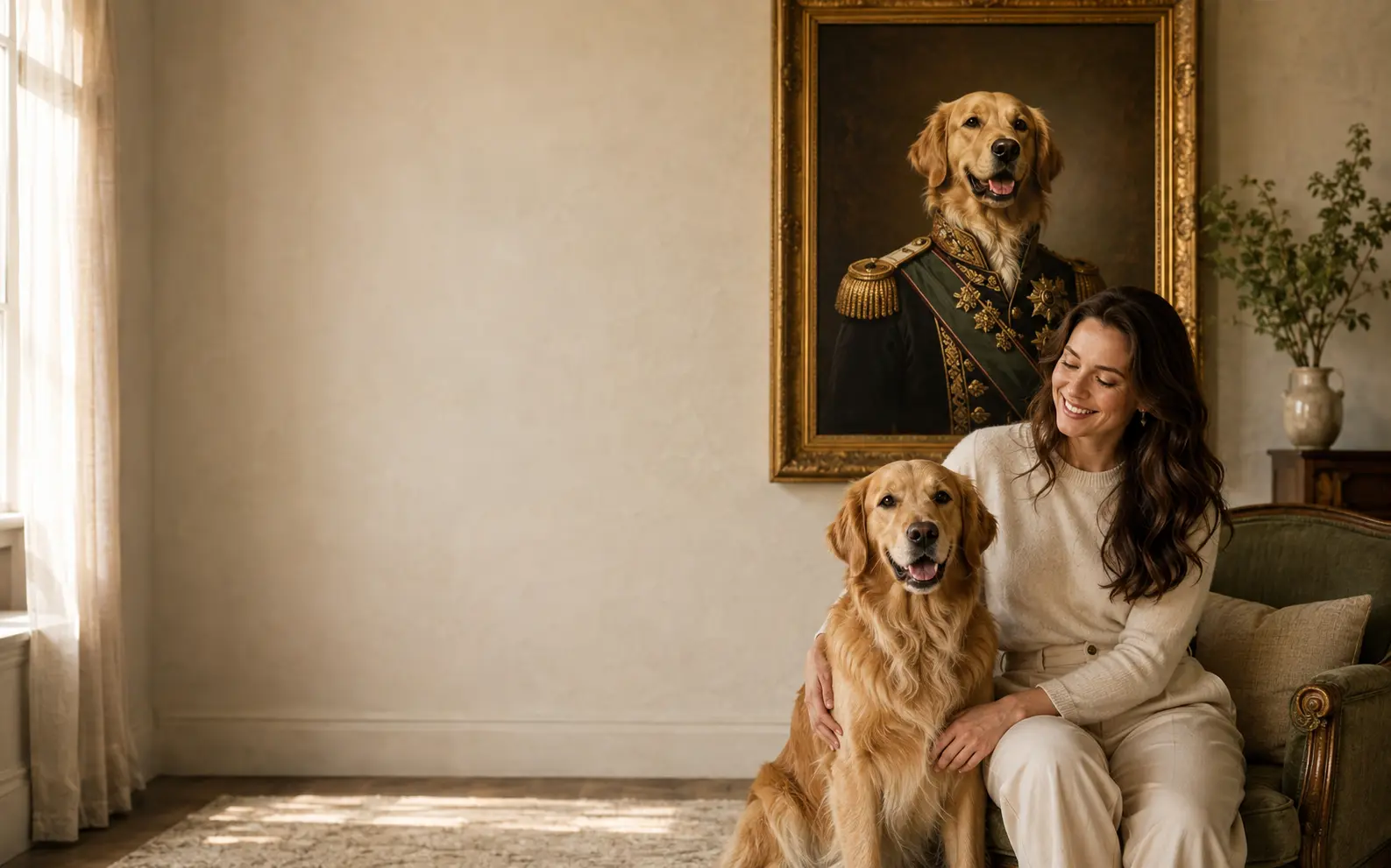 A golden retriever beside its owner with a finished Laurel and Paw portrait displayed at home