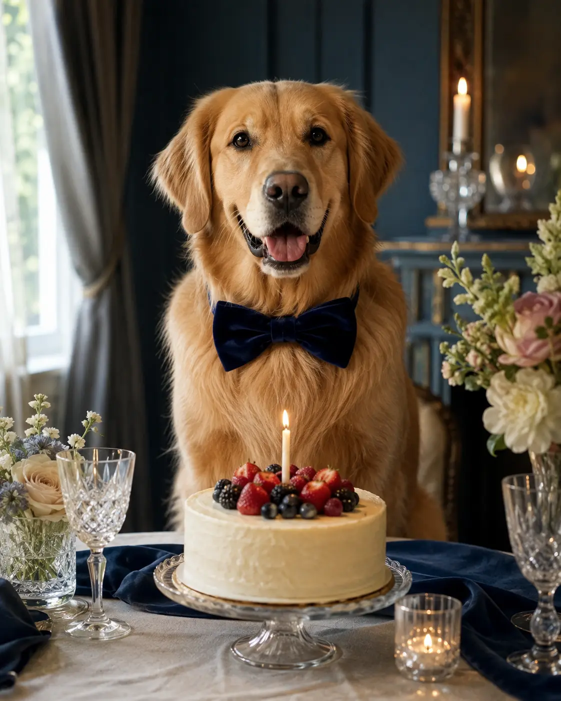 Golden retriever dressed for an elegant birthday celebration