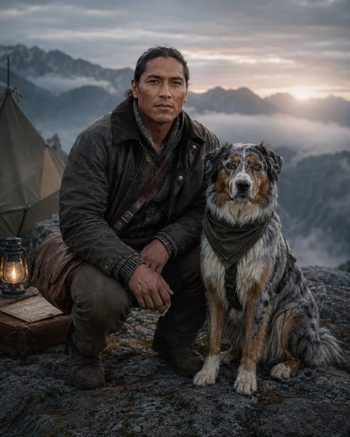One person and one dog together in a locked mountain adventure portrait