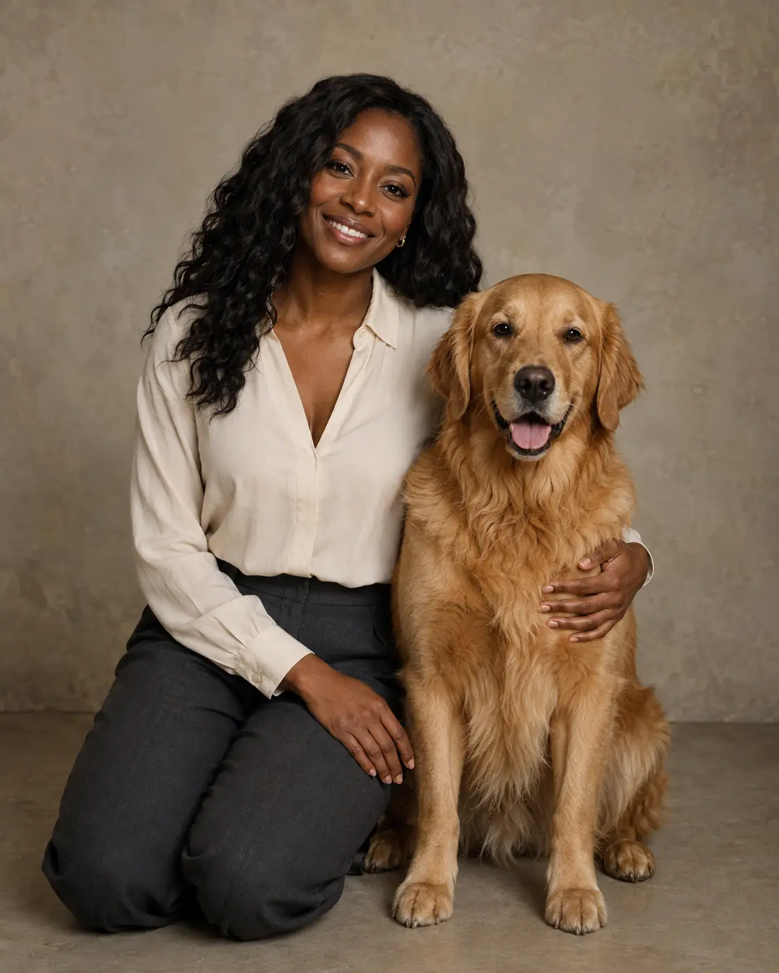 A natural People and Pets studio portrait in a realistic walnut frame