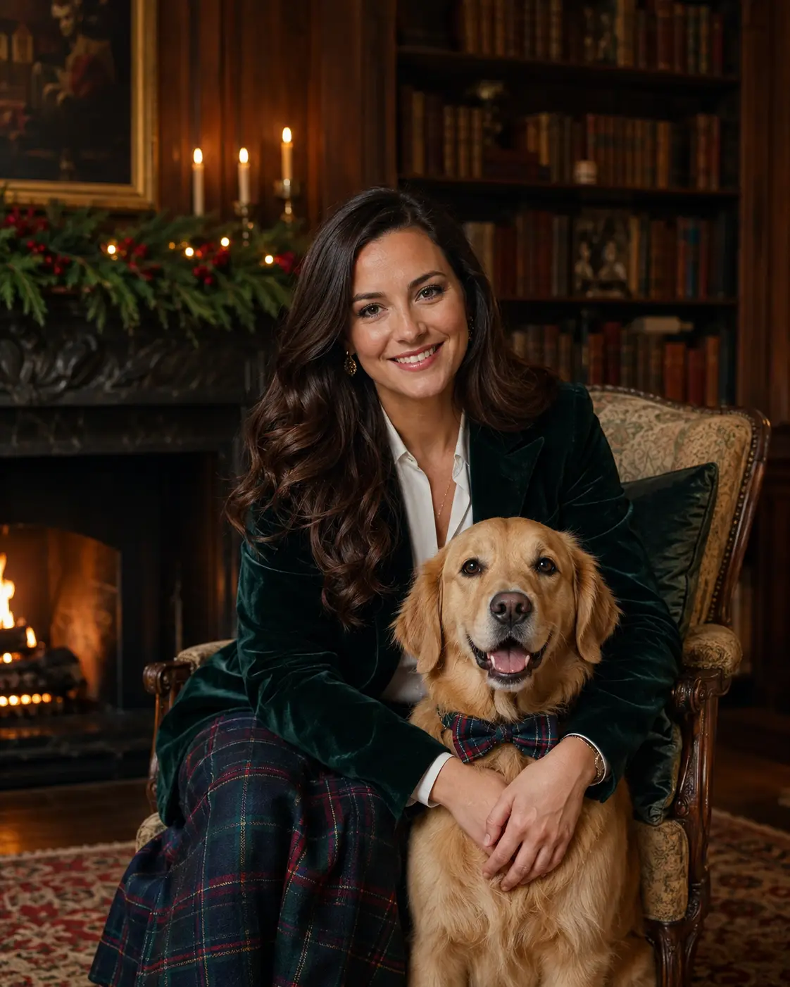 One person and one dog together in a locked holiday portrait