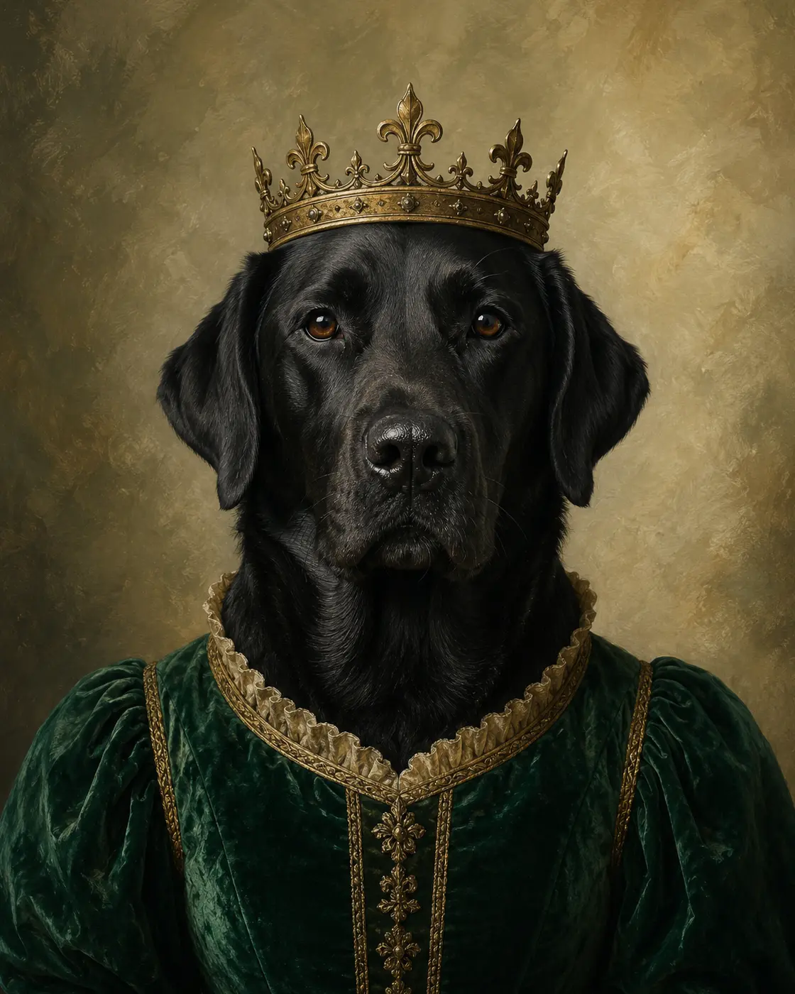 A fully styled royal character portrait of a dog