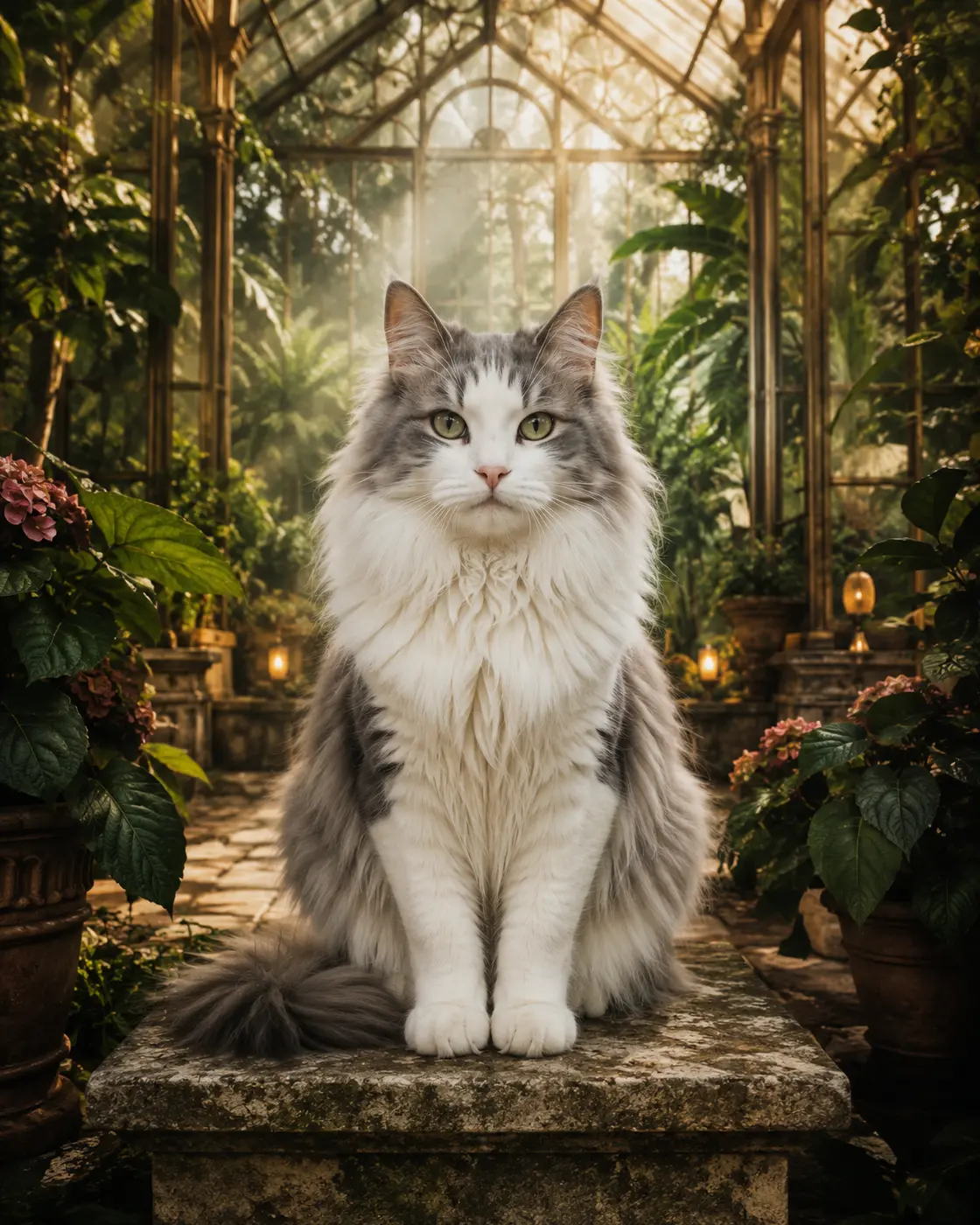 A dog portrait in a quiet botanical greenhouse
