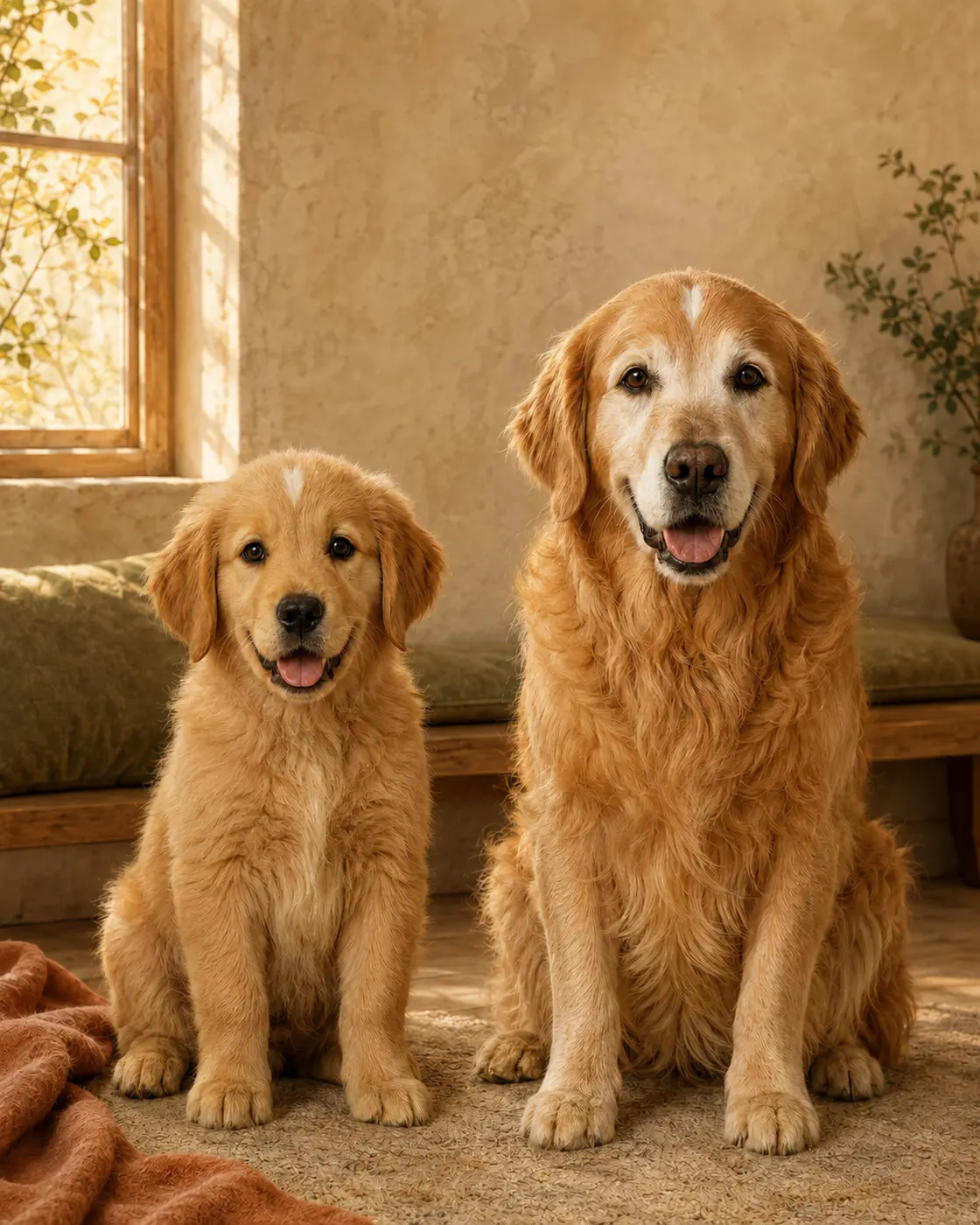 A then-and-now life story portrait of a dog as a puppy and an adult