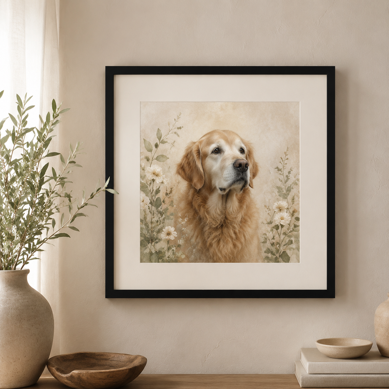 Complete realistic matte framed memorial portrait of a beloved senior dog